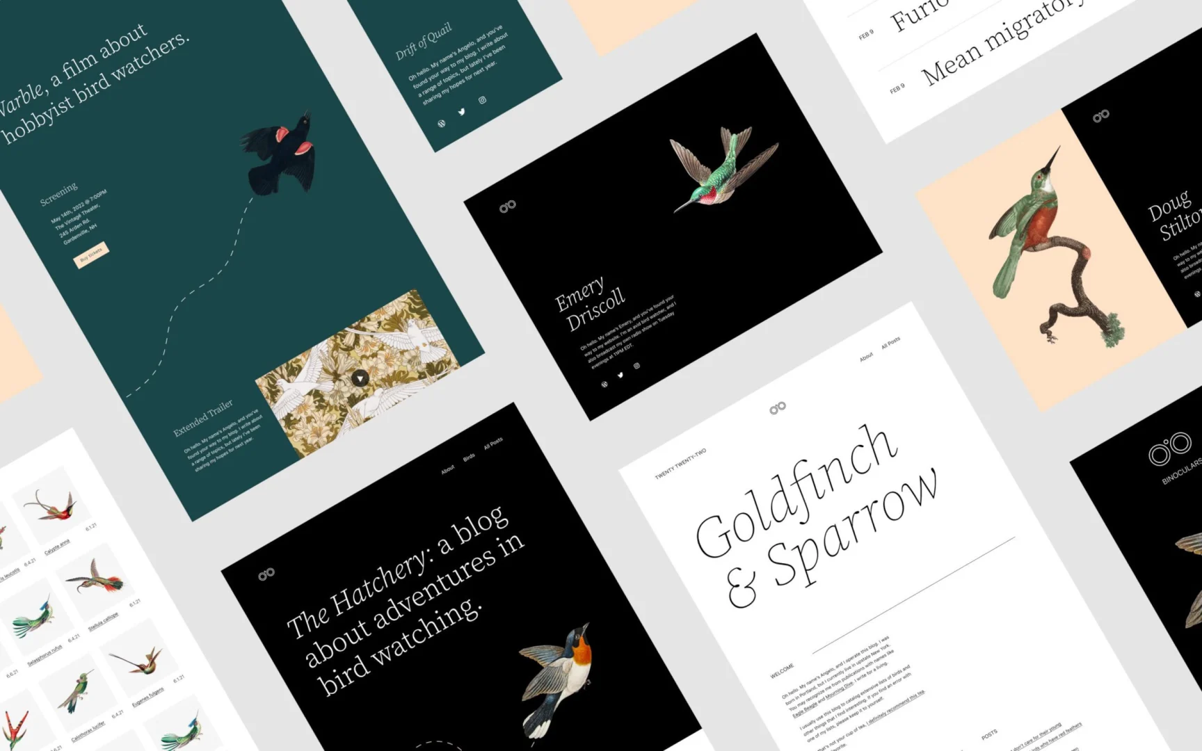 Madaras grafikákkal és tipográfiával ellátott, modern WordPress weboldalsablonok elrendezési mintái.