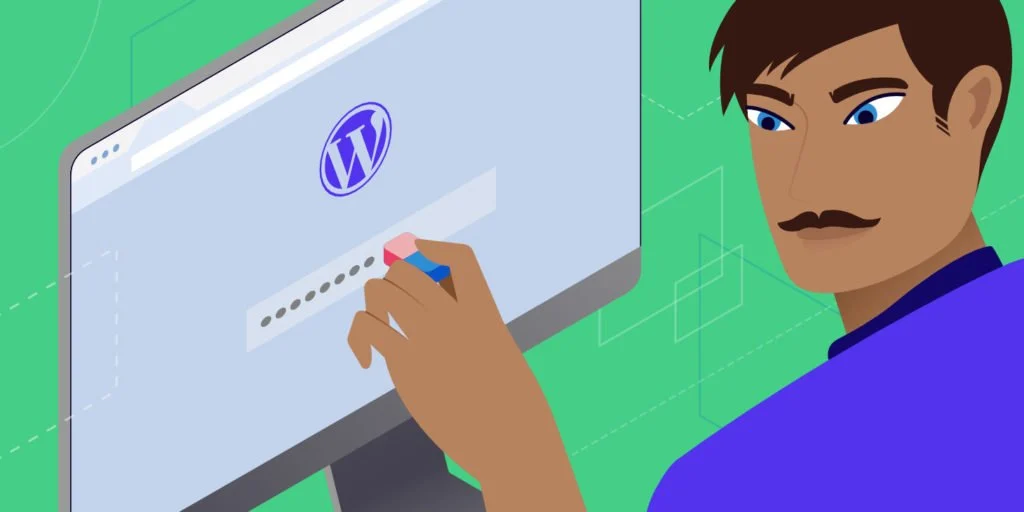 Egy férfi radírral törli a jelszót egy WordPress bejelentkezési képernyőn megjelenő mezőből.