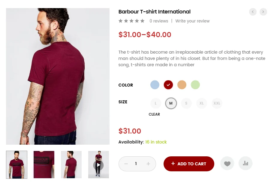 WooCommerce termékoldal szín- és méretvariációkkal, valamint kosárba helyezés gombbal.