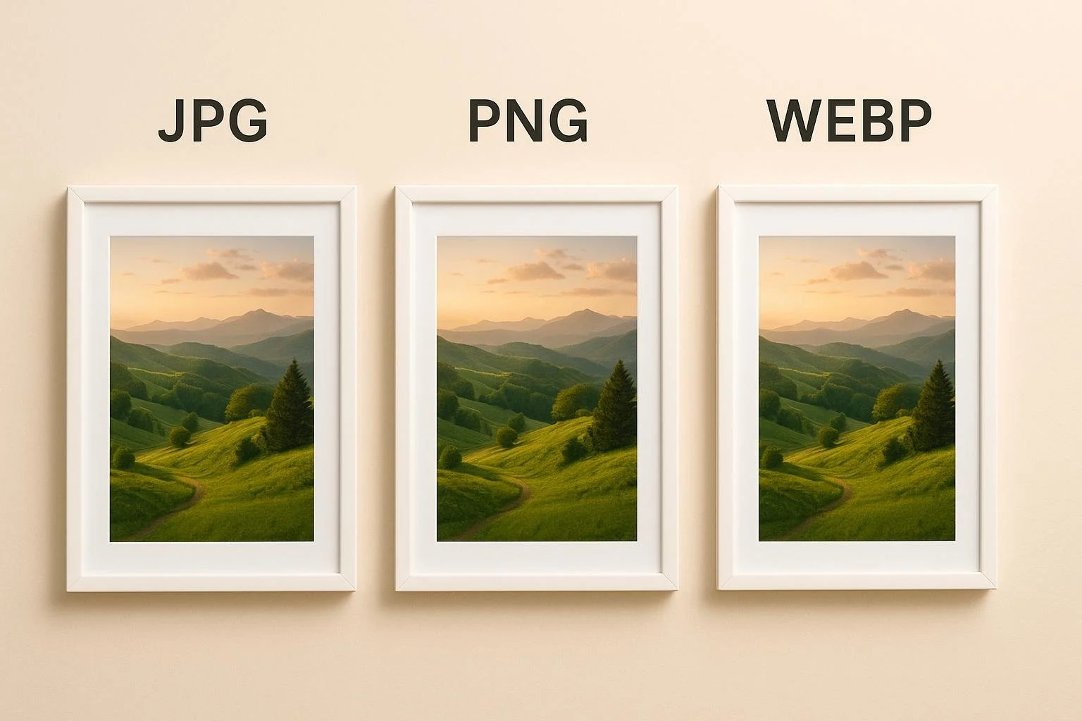 Három bekeretezett táj ábrázolása JPG, PNG és WEBP feliratokkal a formátumok összehasonlítására.