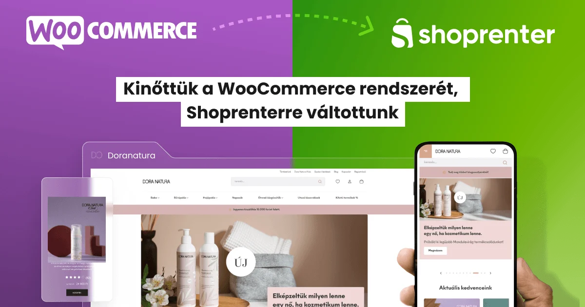 WooCommerce és Shoprenter logók, alatta a Doranatura webáruház asztali és mobilos nézete.