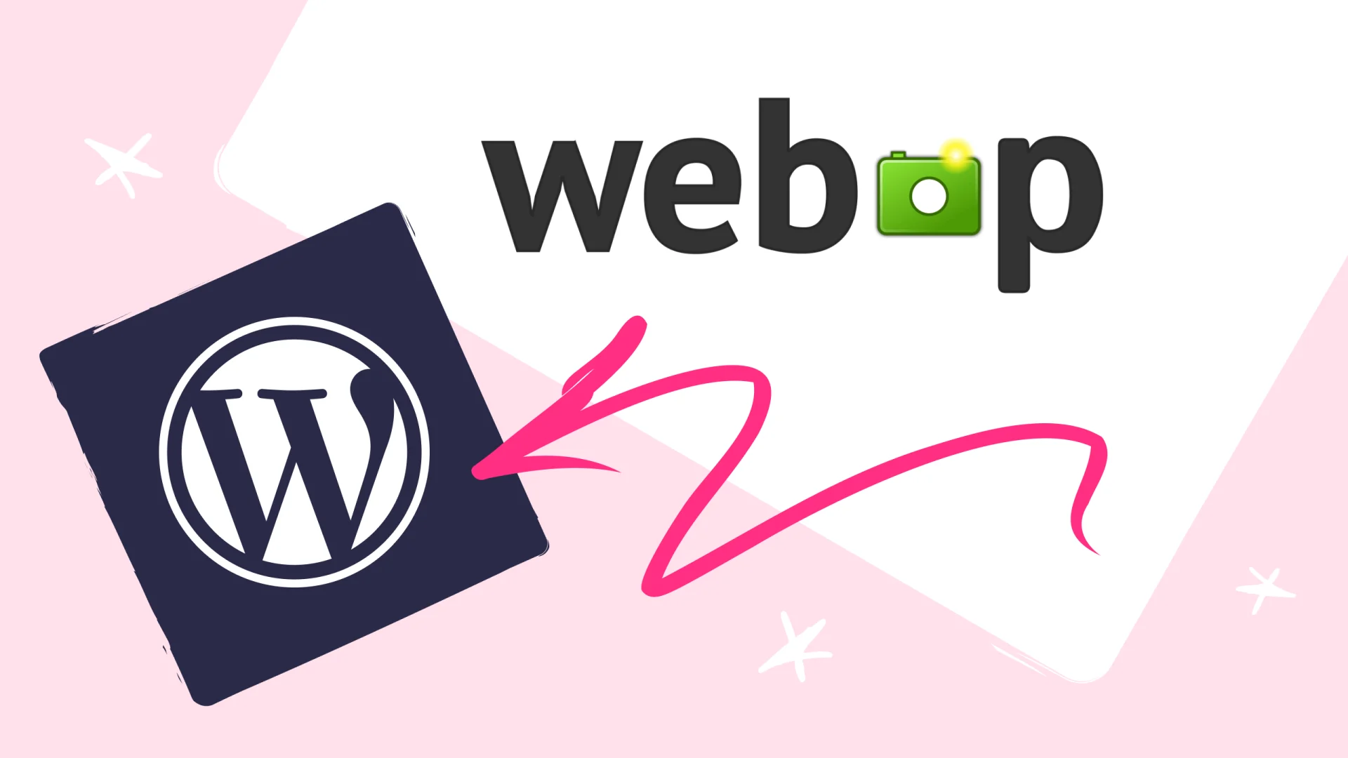 WebP felirat és logó rózsaszín nyíllal a WordPress ikon felé mutatva