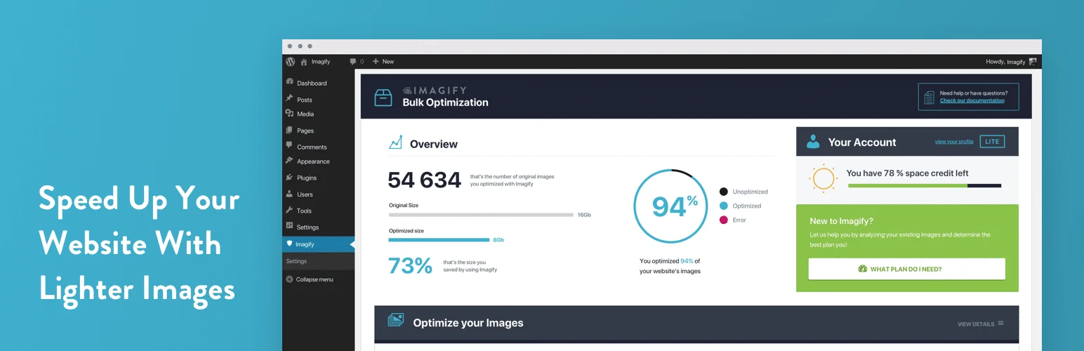 Az Imagify WordPress-bővítmény tömeges optimalizálási vezérlőpultja és statisztikái