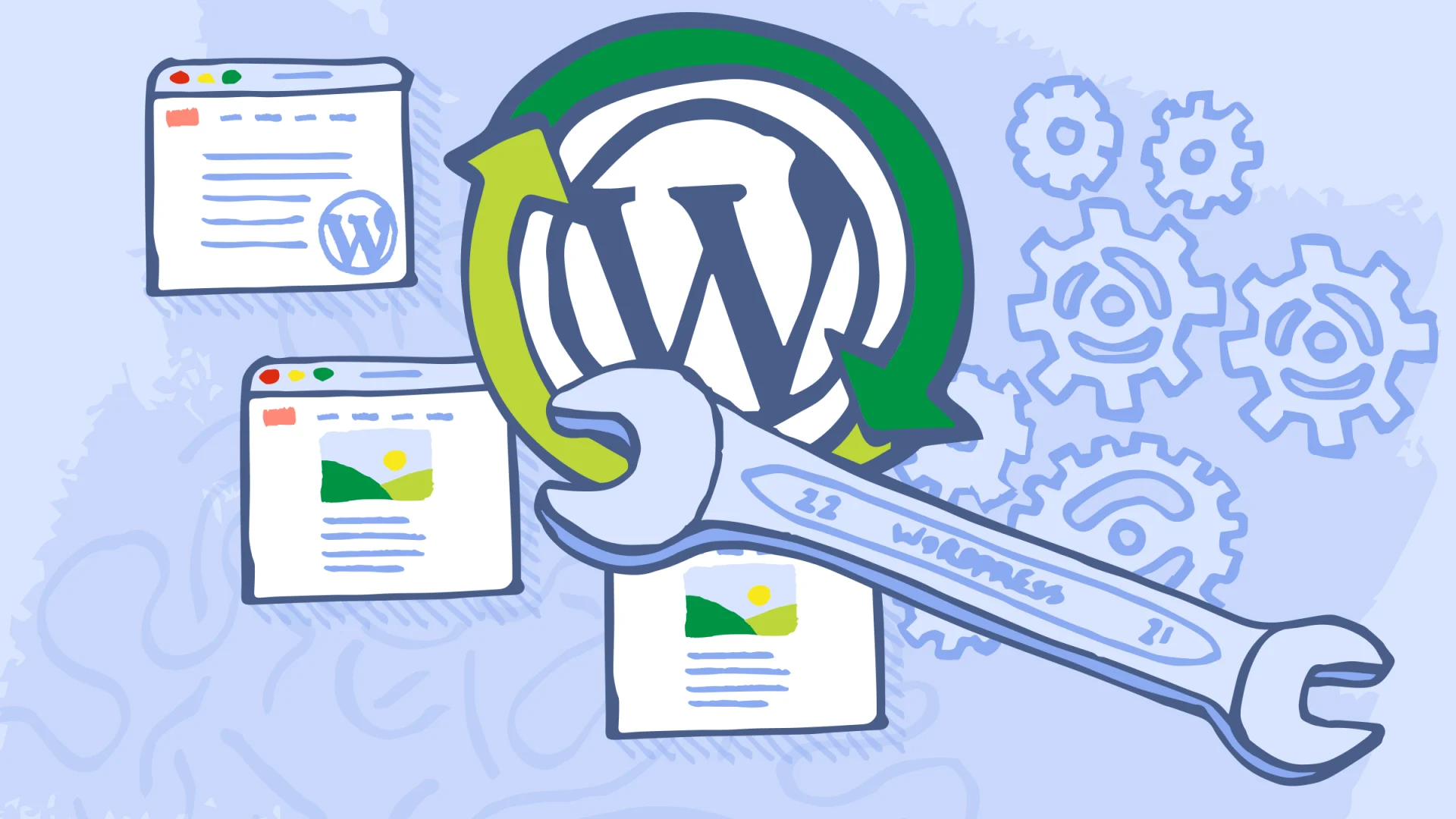 WordPress logó frissítési nyilakkal, csavarkulccsal, weboldal ablakokkal és fogaskerekekkel illusztrálva.