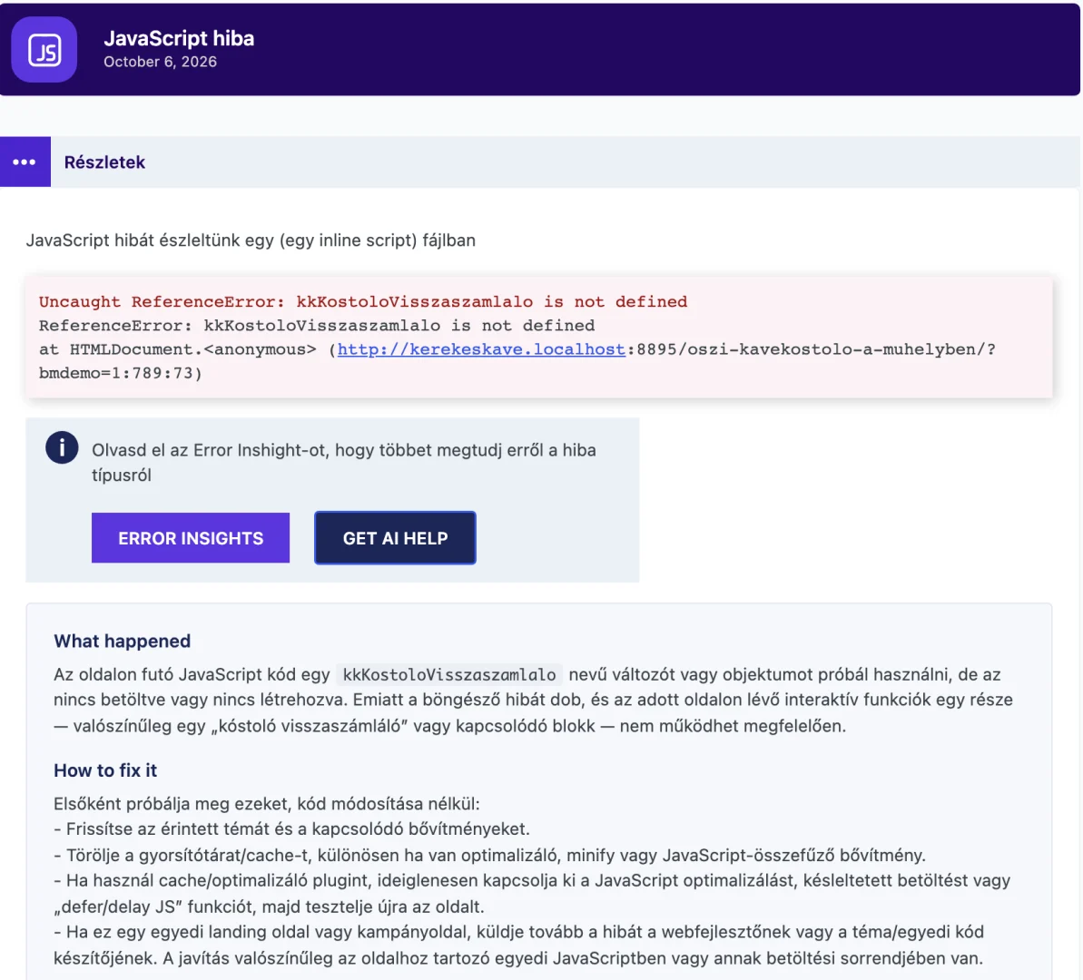 A BugMonitor JavaScript-hibájának részletei, alattuk a Get AI help magyar nyelvű magyarázatával arról, hogy mi történt és hogyan javítható
