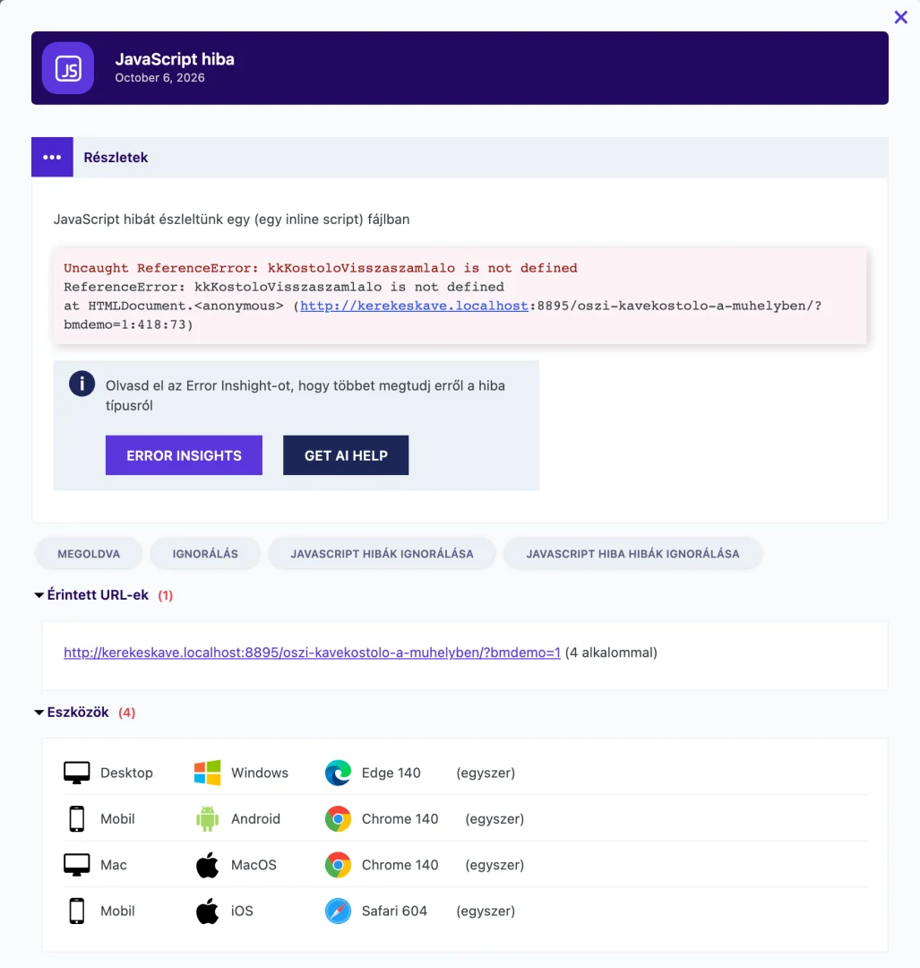 A BugMonitor JavaScript hiba részletei a hibaüzenettel, a hívási veremmel, az érintett URL-lel és a négy érintett eszközzel