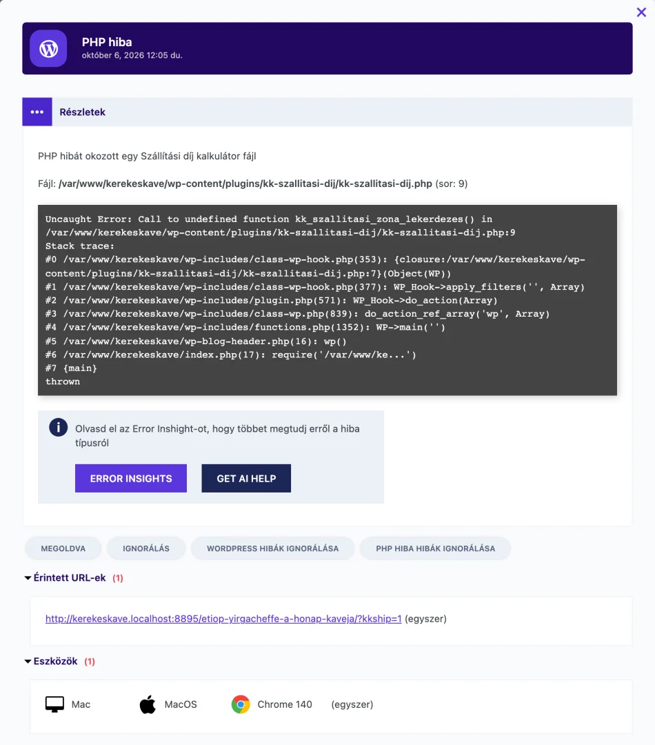 A BugMonitor PHP hiba részletei a végzetes hibát okozó bővítmény nevével, a fájllal, a sorral és a hívási veremmel