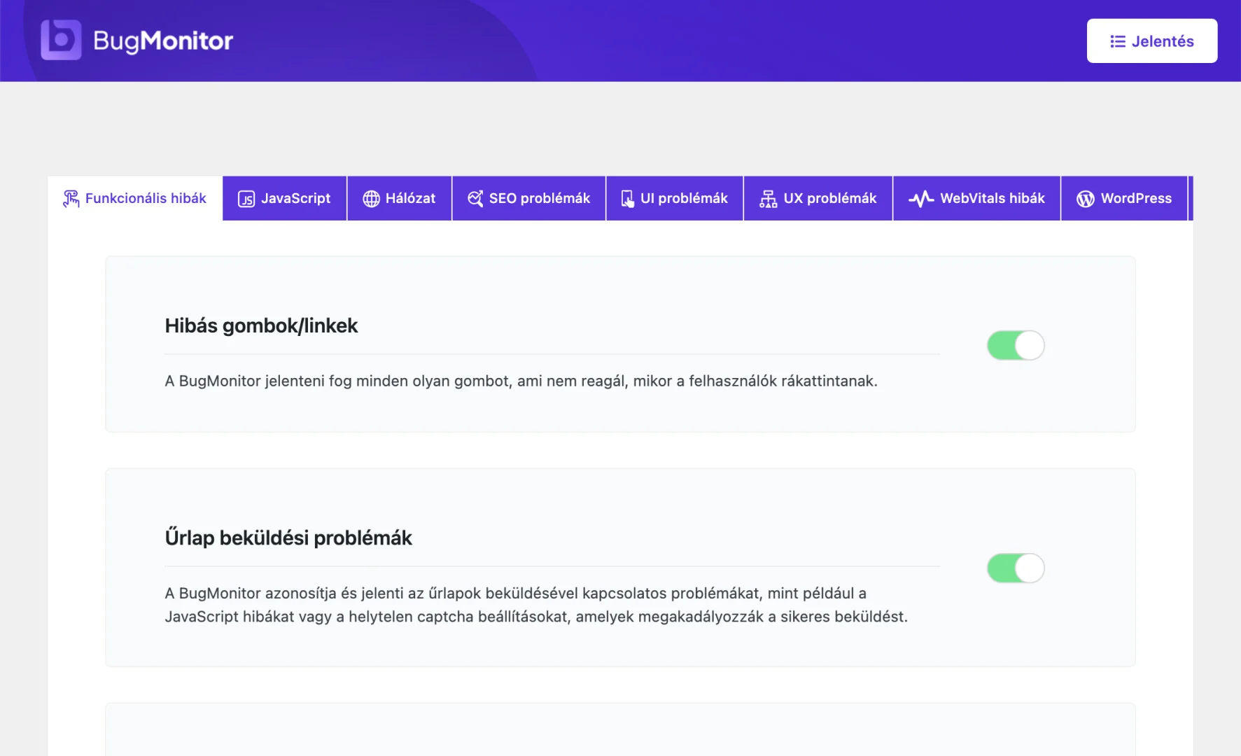 A BugMonitor magyar nyelvű beállításai a nem reagáló gombok, az űrlapbeküldési hibák, a félbehagyott űrlapok és a hibás hivatkozások kapcsolóival