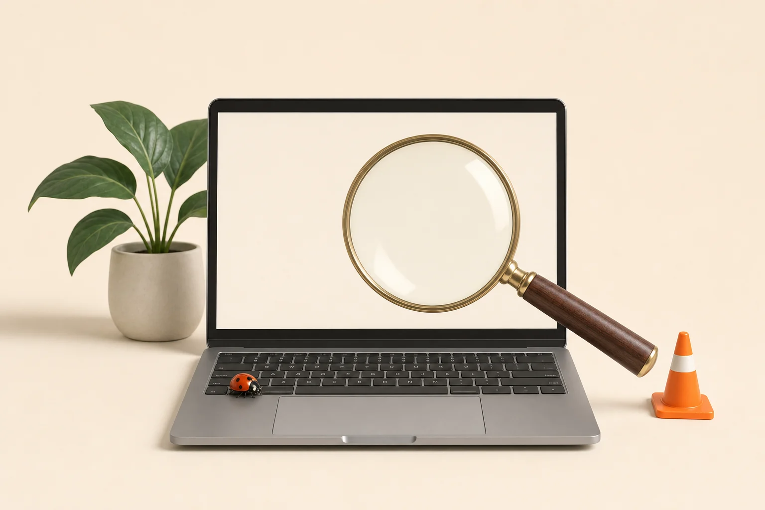 Nagyító egy laptop fölött, a billentyűzeten egy katicabogár